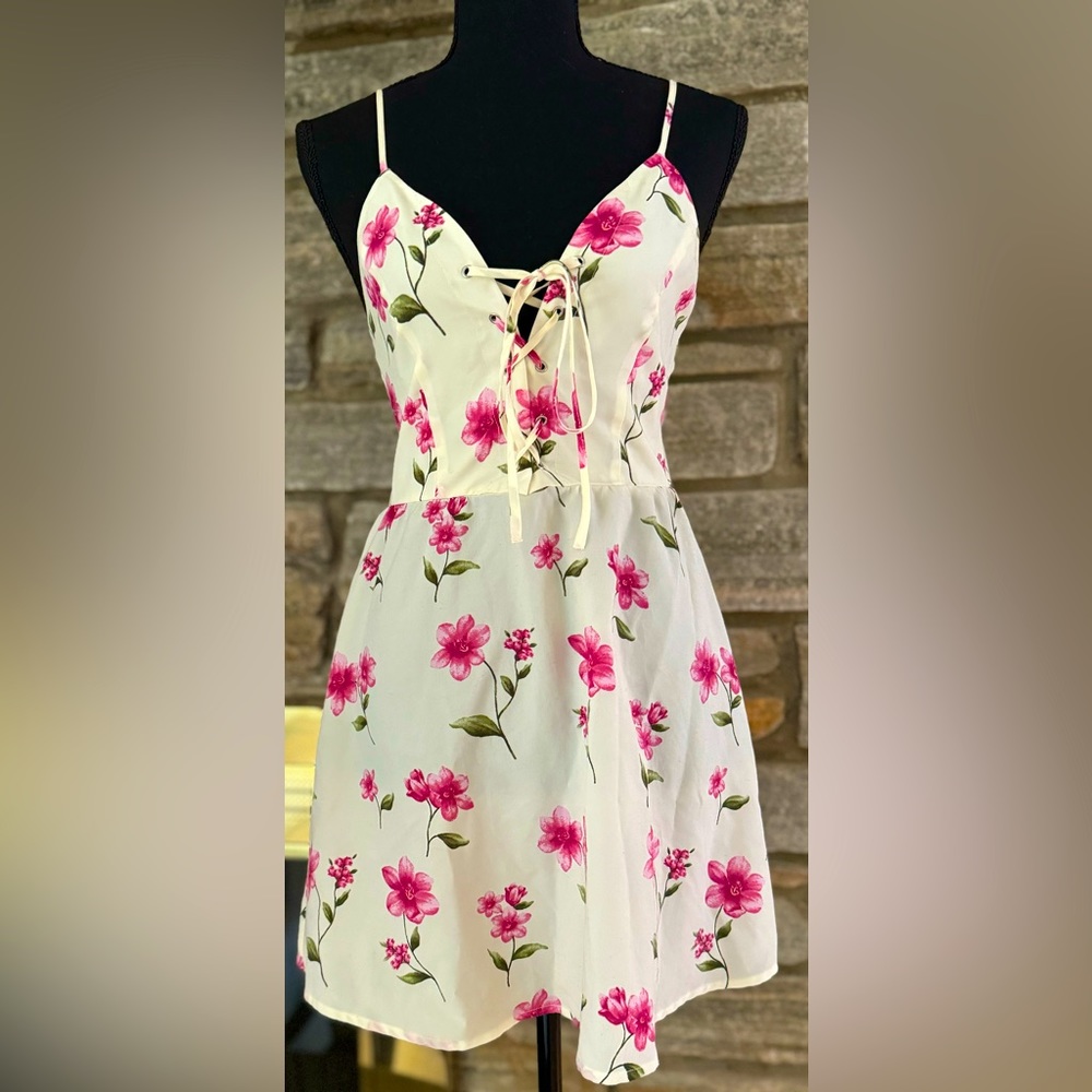 NWOT Floral Lace-up Mini Dress: Size Small; Off-White/Cream w/ Pink Flowers